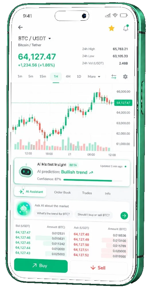 Bright Fundale trading platform on mobile — live BTC/USDT chart, order book, and buy/sell interface